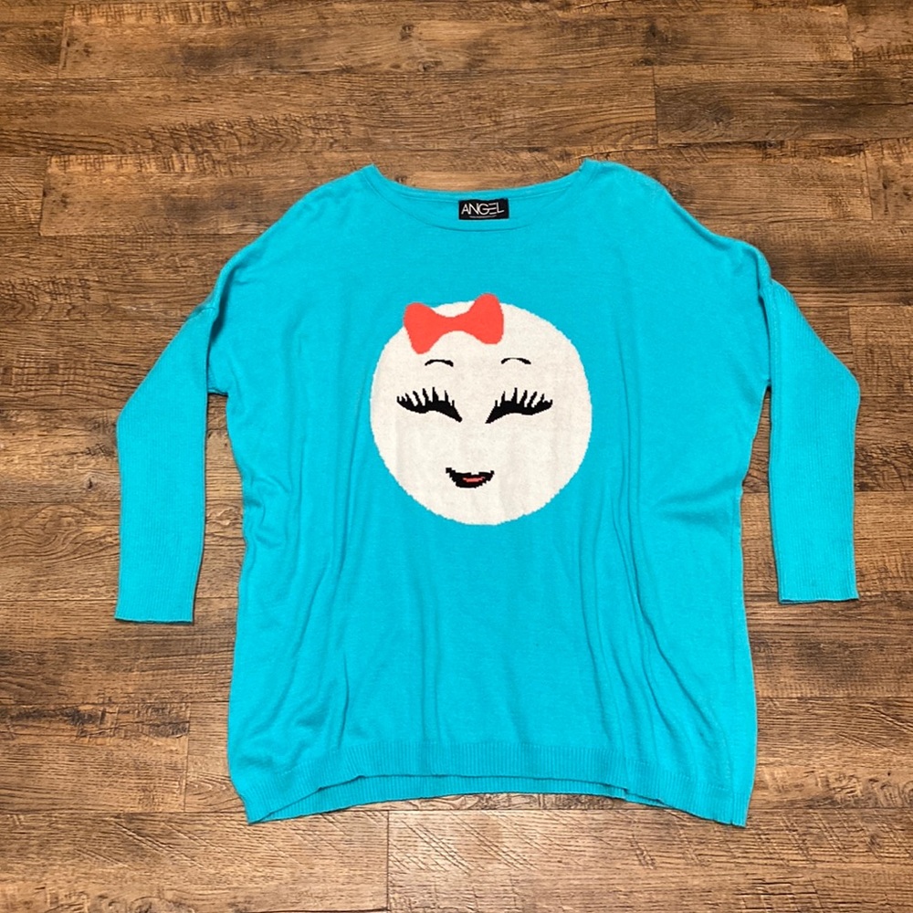Angel Blue Smiley Face Eyelash Pink Bow Graphic Sweater M
